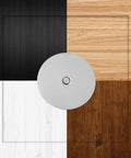 Brushed Nickel Door Hole Cover Plate 66mm Round Fits 12.7 To 54mm Holes for Interior Doors, shown on various wood textures
