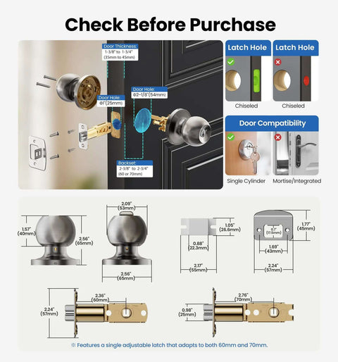 Dimensions and features of Keyed Entry Door Knob With Quick Exit Thumbturn For Bedroom And Office Security.