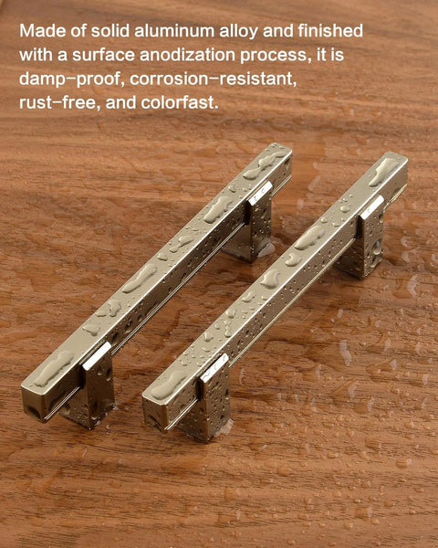 Adjustable Drawer Pulls 5 Pack In Brushed Nickel, Modern Square Cabinet Handles With Hole Centers From 3 To 4.5 Inches on wood surface