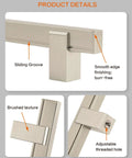 Product details of adjustable drawer pulls 5 pack in brushed nickel, showcasing smooth edge finish and sliding groove.
