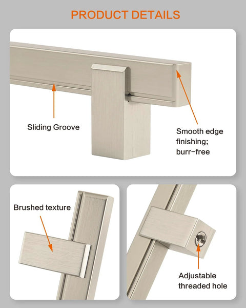 Product details of adjustable drawer pulls 5 pack in brushed nickel, showcasing smooth edge finish and sliding groove.