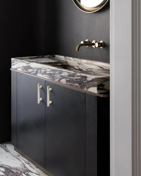 Bathroom cabinet with Adjustable Drawer Pulls 5 Pack In Brushed Nickel, Modern Square Cabinet Handles, 3.8 Inches spacing.