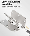 Brushed Nickel Hinges Set 30 Pack Three And A Half Inch Rounded With Five Eighth Radius showing easy pin removal for wood or metal doors.