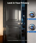 Keyed Entry Door Knob With Quick Exit Thumbturn For Bedroom And Office Security, shown on a black door, brushed nickel finish
