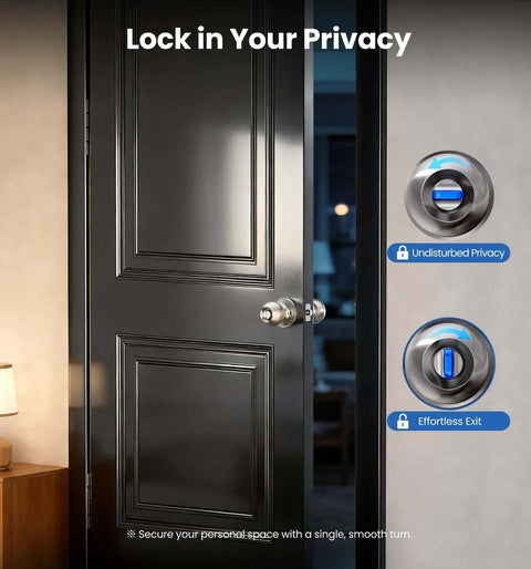 Keyed Entry Door Knob With Quick Exit Thumbturn For Bedroom And Office Security, shown on a black door, brushed nickel finish
