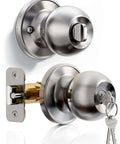Keyed Entry Door Knob With Quick Exit Thumbturn For Bedroom And Office Security, brushed nickel, with keys, front view