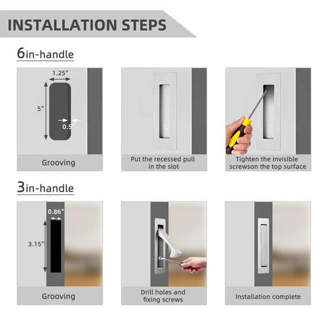 Installation steps for Brushed Nickel Pocket Door Handles And Edge Pulls 6 Inch Recessed Finger Flush Pulls, showing grooving and installation.