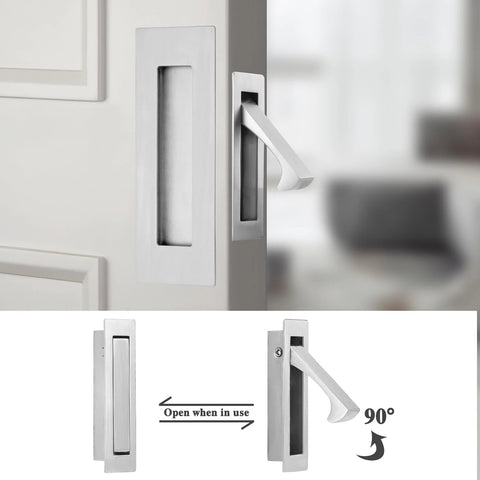 Brushed Nickel Pocket Door Handles And Edge Pulls 6 Inch Recessed Finger Flush Pulls for sliding doors with latch shown open