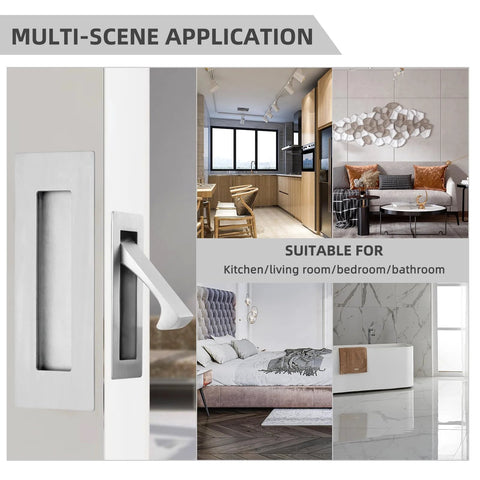 Brushed Nickel Pocket Door Handles And Edge Pulls 6 Inch Recessed Finger Flush Pulls For Closet Sliding And Barn Doors 304 Stainless Steel Hardware Latch Set Rust Resistant Easy To Install shown in multi-room settings