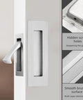 Brushed Nickel Pocket Door Handles And Edge Pulls 6 Inch Recessed Finger Flush Pulls For Closet Sliding And Barn Doors 304 Stainless Steel Hardware Latch Set Rust Resistant Easy To Install visible on a door with detail views of hidden screw holes and brushed surface.