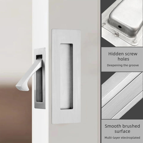 Brushed Nickel Pocket Door Handles And Edge Pulls 6 Inch Recessed Finger Flush Pulls For Closet Sliding And Barn Doors 304 Stainless Steel Hardware Latch Set Rust Resistant Easy To Install visible on a door with detail views of hidden screw holes and brushed surface.