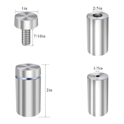 Brushed Nickel Stainless Steel Wall Sign Standoffs 1 Inch Diameter 2 Inch Length With 10mm Thread for Acrylic Signs and Display Panels.