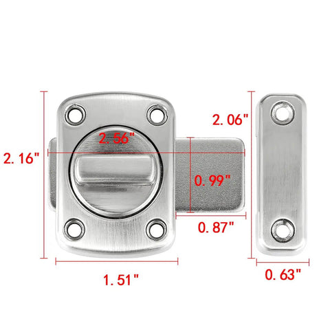 Brushed Silver Rotate Bolt Gate Latches Kit For Doors Cabinets Windows And Pet Doors dimensions view, zinc alloy construction.