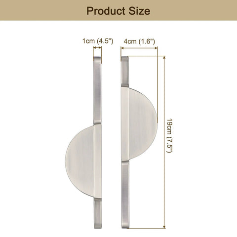 Side view of Two Pack Brushed Silver Semicircle Cabinet Pulls With Two And A Half Inch Hole Centers, seven and a half inch length, product dimensions