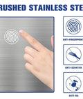 Brushed stainless steel surface, anti-fingerprint, anti-scratch, anti-oil features highlighted, 13 gallon sensor trash can with lid.