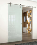 Brushed Stainless Steel Glass Sliding Barn Door Hardware Kit, 6.6 Ft Rail System installed in an office partition, supports 200 lbs