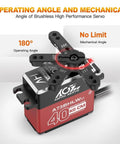 40KG Waterproof RC-Steering-Servo High-Torque - Full Metal Gear Brushless Digital Servo for 1/10 RC Car, Control Angle 180° (A73BHLW V2) close-up view showing operating angle and mechanical details