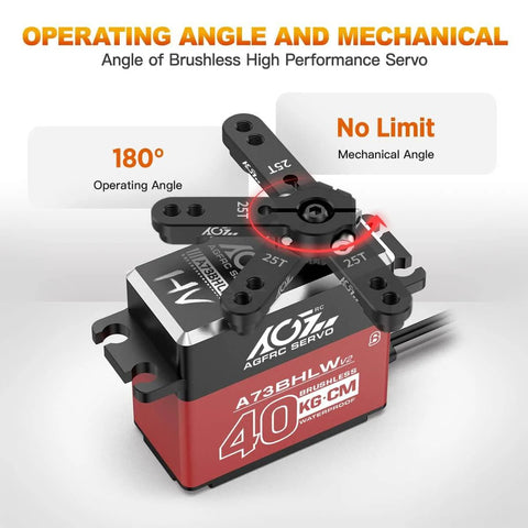 40KG Waterproof RC-Steering-Servo High-Torque - Full Metal Gear Brushless Digital Servo for 1/10 RC Car, Control Angle 180° (A73BHLW V2) close-up view showing operating angle and mechanical details