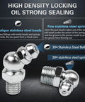 Close-up of 60 Piece Grease Fittings Kit With One Quarter Inch And One Eighth Inch BSP Threads Featuring Ninety Degree Forty Five Degree And Straight Angles For Automotive Tractors And Industrial Machinery Maintenance Heavy Duty Lubrication Kit showing stainless steel components and sealing features