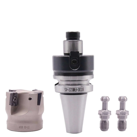 BT30 FMB22-45 Shank Face End Mill Arbor and 400R 50mm CNC End Milling Shell Cutter Set with 10 APMT1604 Carbide Inserts 2 BT30 45 Degree Pull Studs and T15 Wrench Pro Grade Shell End Mill Kit for CNC Milling showing components