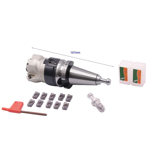 BT30 FMB22-45 Shank Face End Mill Arbor and 400R 50mm CNC End Milling Shell Cutter Set with 10 APMT1604 Carbide Inserts displayed with accessories