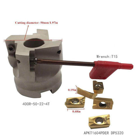 Pro Grade BT40 Toolholder And 50mm Face Mill Milling Cutter Set With BAP400R 50-22-4T Holder, visible inserts and wrench