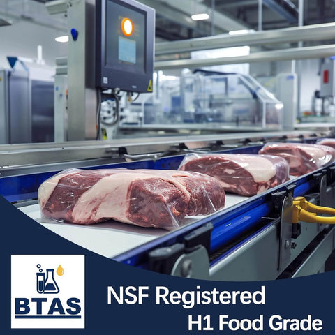 BTAS Dielectric Grease for Electrical Connectors Automotive Spark Plug Boot Battery Terminal Marine Dialectical Electronics Wiring Die Electric Contact Silicone Dialectric Grease 1 oz 1 Pcs in a factory setting with packaged meat on a conveyor belt, showcasing NSF H1 Food Grade compliance.