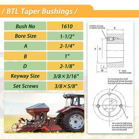 Diagram and chart detailing dimensions for 1610 taper bushings and tractor with 50 Tooth Taper Lock Idler Sprocket Kit installation.
