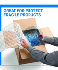 Person wrapping a glass dish with Bubble Cushioning Wrap Rolls 12 Inch Wide 72 Feet Total Perforated Every 12 Inches Includes 20 Fragile Stickers
