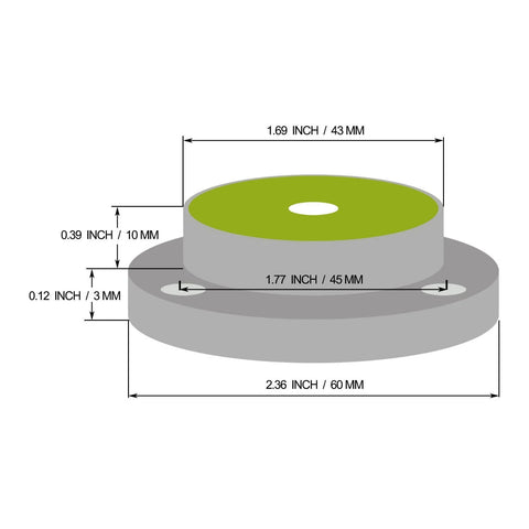 Diagram of High Precision Flange Plate Bubble Level 60mm Diameter for Travel Trailer and RV Leveling with dimensions and mounting holes.