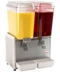 Bubbler-type cold beverage dispenser with two containers, front view. Fits bearing sleeve pack of 12 for easy maintenance and reliable dispensing.