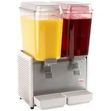 Bubbler-type cold beverage dispenser with two containers, front view. Fits bearing sleeve pack of 12 for easy maintenance and reliable dispensing.