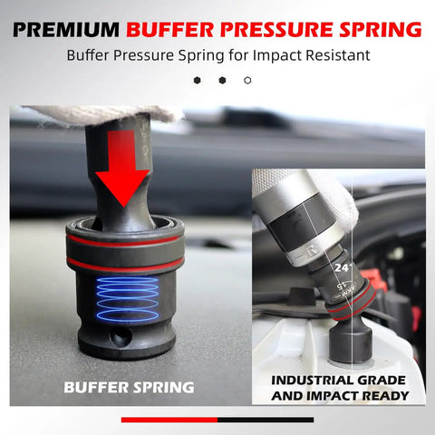 Three Eighths Inch Drive Universal Impact Socket Set, AKM TOOL with buffer pressure spring for impact resistance, close-up
