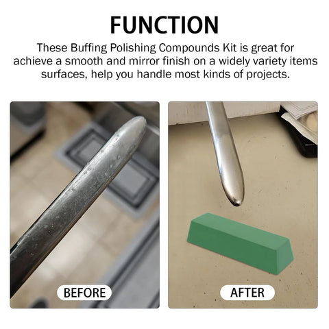 Before and after using three piece buffing and polishing compound kit with green bar for mirror finish on metal