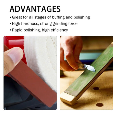Three piece buffing and polishing compound kit with red coarse bar held beside buffing wheel
