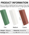 Three piece buffing and polishing compound kit with red coarse, white medium, and green fine bars, dimensions provided.
