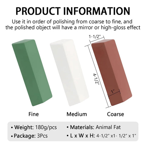 Three piece buffing and polishing compound kit with red coarse, white medium, and green fine bars, dimensions provided.