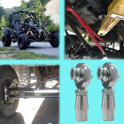 Collage of 5/8 Heim Joint Rod End Kit 2 Pair with Right and Left Hand Threads, .625 Chromoly Panhard Joints on vehicles