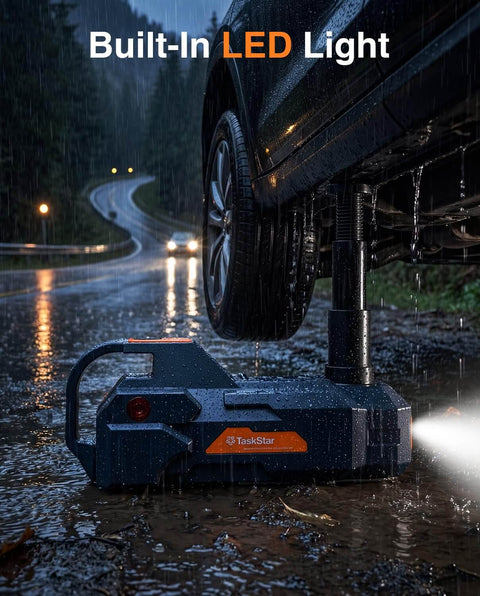 Low Profile 5 Ton 12V Electric Car Jack Kit With Built In Inflator LED Light And Wrench lifting car in rain