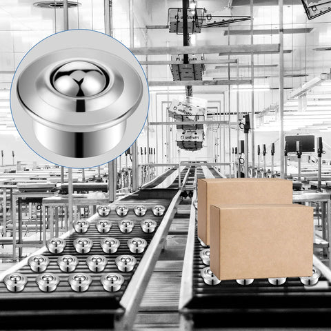 Bulk Forty Pack Five Eighths Inch Roller Ball Transfer Bearings in carbon steel on a conveyor in an industrial setting