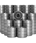 Image of 100 PCS 608-2RS Ball Bearing - Double Rubber Sealed, stacked, showing nylon cage and size 8mm x 22mm x 7mm for small machinery.