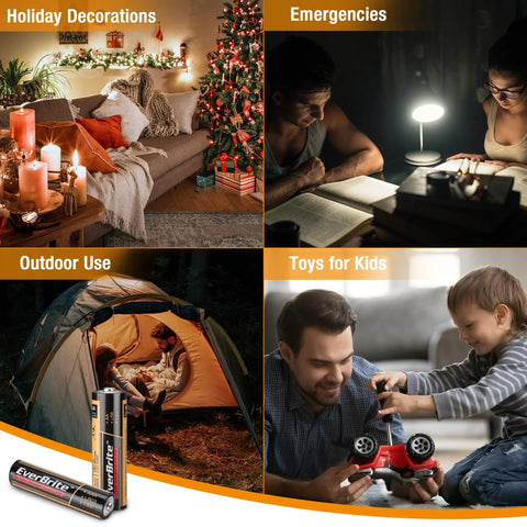 Collage showing uses for Bulk 64 Pack AA and AAA Alkaline Batteries for Home Office and Emergency Kits in different scenarios.