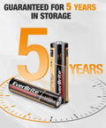 Bulk 64 Pack AA and AAA Alkaline Batteries showing 5-year storage guarantee, with focus on longevity and reliable performance.