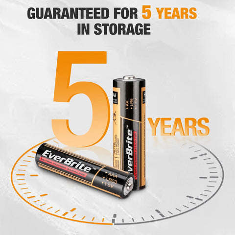 Bulk 64 Pack AA and AAA Alkaline Batteries showing 5-year storage guarantee, with focus on longevity and reliable performance.