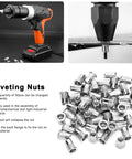 Bulk 50Pcs Blind Rivet Nuts Set M6 Stainless Steel Ribbed Nuts For Automotive Projects displayed with riveting tool and components.
