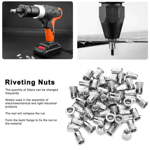 Bulk 50Pcs Blind Rivet Nuts Set M6 Stainless Steel Ribbed Nuts For Automotive Projects displayed with riveting tool and components.