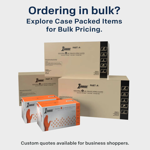 Bulk packaging of Orange Nitrile Disposable Latex Free Gloves Raised Diamond Grip Mechanic Medium in boxes