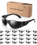 Tinted Safety Glasses Bulk 24 Pack With UV Protection Dark Smoke Lenses and packaging