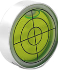Compact 1.2 inch bullseye bubble level with aluminum alloy housing visible in green, showing rugged design for tripods and RV leveling.