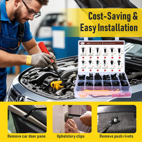 Mechanic uses Go-To 240-Piece Car Bumper Retainer Clips Kit With Auto Plastic Rivets during car repair, showcasing kit and installation.